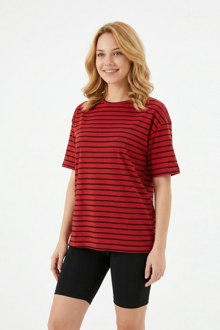 Kadın Yatay Çizgili Bisiklet Yaka Slim Fit Pamuklu Kısa Kollu Yazlık Tişört