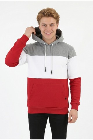 Erkek Üç İplik Şardonlu Kapüşonlu Parçalı Kanguru Cepli Günlük Sweatshirt