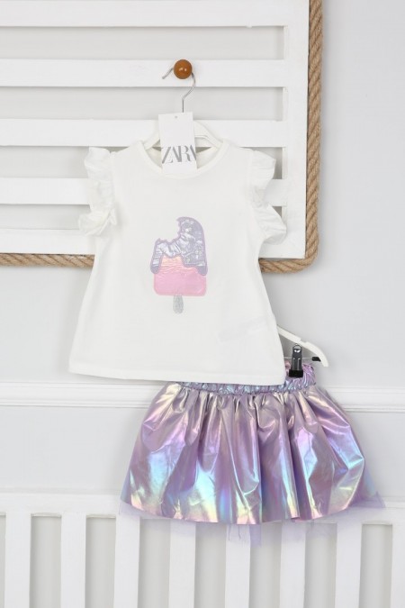 Dondurma Baskılı Tişört Ve Etekli Lila Takım