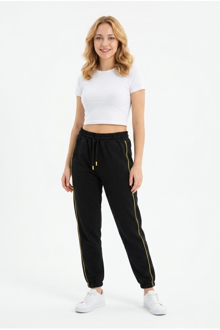 Kadın İki İplik Yanı İnce Çizgili Rahat Kesim Lastik Paçalı Cepli Günlük Spor Giyim Alt Eşofman