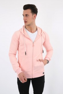 Düz Kapşonlu Fermuarlı Pudra Sweat