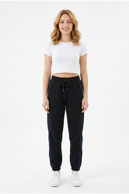 Kadın İki İplik Yanı İnce Çizgili Rahat Kesim Lastik Paçalı Cepli Günlük Spor Giyim Alt Eşofman