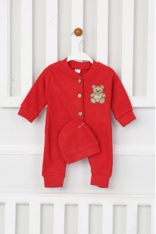 Şardonlu Bear Düğmeli Şapkalı Kırmızı Tulum 