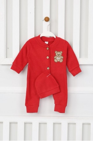 Şardonlu Bear Düğmeli Şapkalı Kırmızı Tulum 