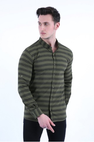 Çizgili Full Likralı Haki Gömlek