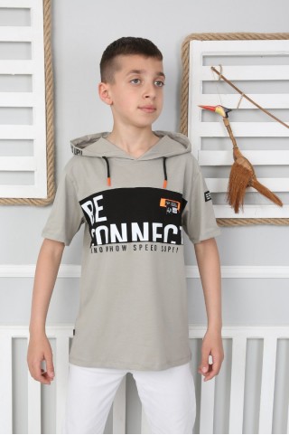 Kapşonlu Baskılı 100% Cotton Vizon Tişört