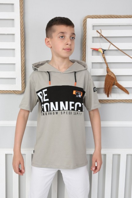 Kapşonlu Baskılı 100% Cotton Vizon Tişört