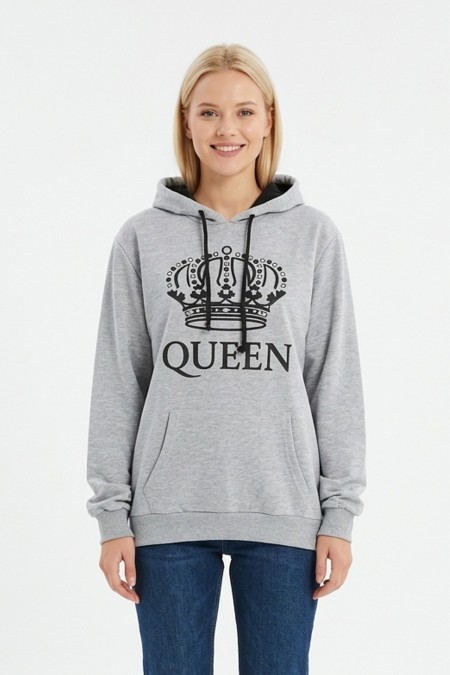 Kadın Gri Queen Yazılı Taç Baskılı Kapüşonlu Kanguru Cepli Sweatshirt