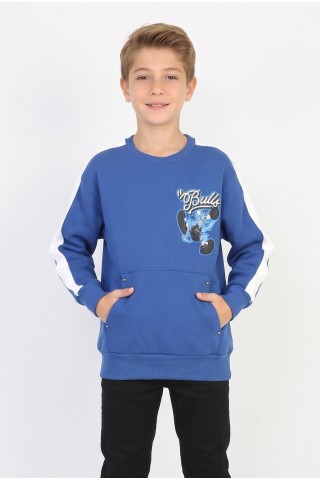 Erkek Çocuk Üç İplik Şardonlu Arka Bulls Yazılı ve Kol Şerit Detaylı Günlük Sweatshirt