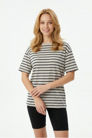 Kadın Yatay Çizgili Bisiklet Yaka Slim Fit Pamuklu Kısa Kollu Yazlık Tişört