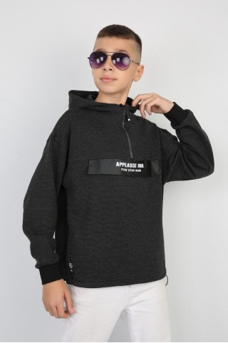 Yarım Fermuarlı Kapşonlu Baskılı Siyah Sweat