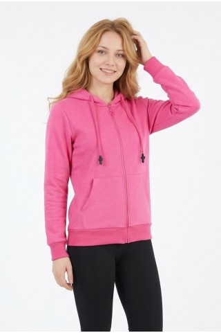 Kadın Üç İplik Şardonsuz Düz Kapüşonlu Fermuarlı Kanguru Cepli Günlük Sweatshirt
