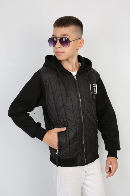 Üç İplik Kapşonlu Fermuarlı Baskılı Siyah Sweat