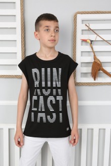  Sıfır Kol Baskılı % 100 Cotton Kumaş Siyah Tişört