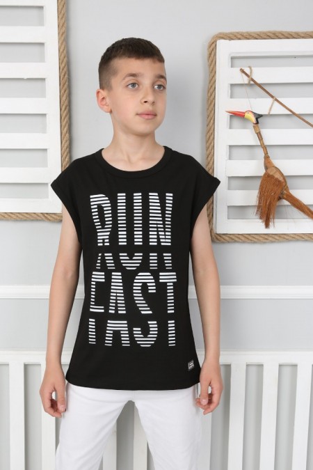  Sıfır Kol Baskılı % 100 Cotton Kumaş Siyah Tişört