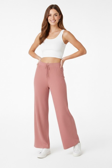 Kadın Pembe Yüksek Bel Fitilli Örme Bağcıklı Esnek Likralı Geniş Paça Pantolon