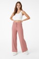 Kadın Pembe Yüksek Bel Fitilli Örme Bağcıklı Esnek Likralı Geniş Paça Pantolon