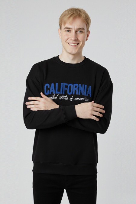 Erkek Siyah Oversize Bisiklet Yaka California Nakış Baskılı Pamuklu Sweatshirt