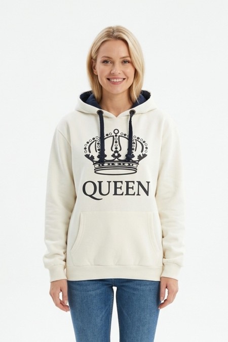 Kadın Beyaz Queen Yazılı Taç Baskılı Kapüşonlu Kanguru Cepli Sweatshirt