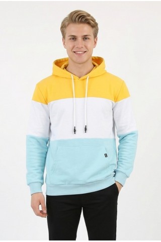 Erkek Üç İplik Şardonlu Kapüşonlu Parçalı Kanguru Cepli Günlük Sweatshirt