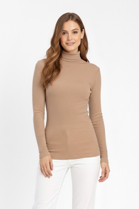 Kadın Kahve Balıkçı Yaka Uzun Kollu Fitilli Slim Fit Şık Günlük Triko Body