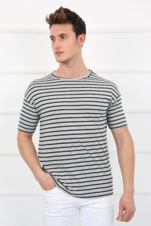 Çizgili Sıfır Yaka Füme Tişört