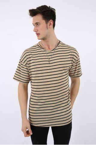 Çizgili Sıfır Yaka Oversıze Vizon Tişört