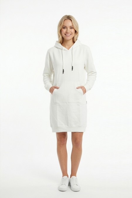 Kadın Beyaz Kapüşonlu Kanguru Cep Detaylı Uzun Kollu  Sweatshirt Tunik Elbise