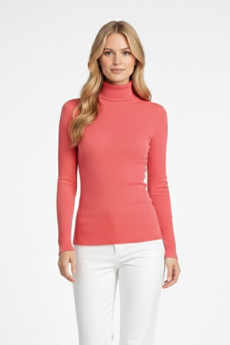 Kadın Pembe Balıkçı Yaka Uzun Kollu Fitilli Slim Fit Şık Günlük Triko Body