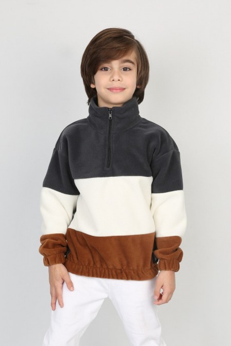 Full Polar Kumaş Yarım Fermuarlı Garnili Füme Sweat