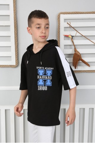 Kapşonlu 100% Cotton Baskılı Siyah Tişört