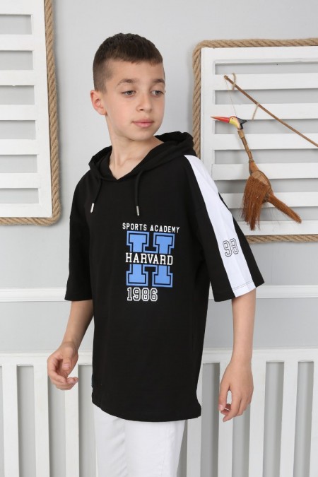 Kapşonlu 100% Cotton Baskılı Siyah Tişört
