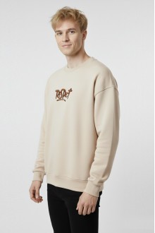 Erkek Bej Oversize Bisiklet Yaka Kabartma Baskılı Pamuklu Sweatshirt