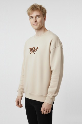 Erkek Bej Oversize Bisiklet Yaka Kabartma Baskılı Pamuklu Sweatshirt