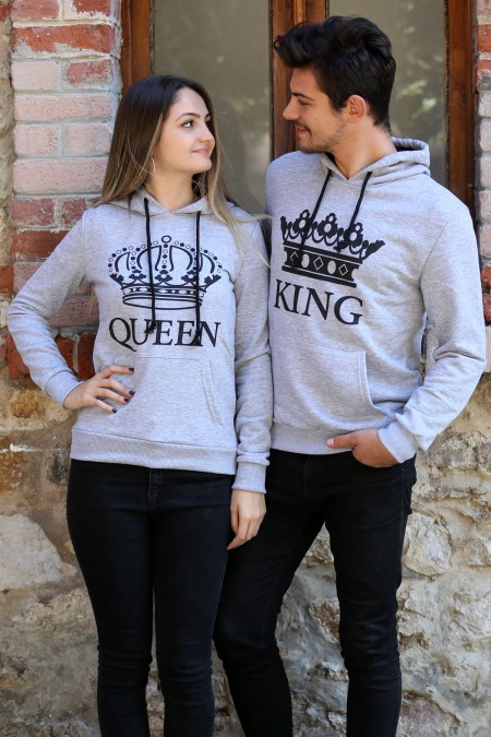 Kapşonlu Kıng Queen Baskılı Gri Polar Sevgili Kombini 