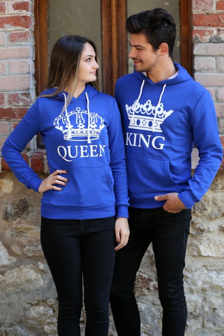 Kapşonlu King Queen Saks Mavi Polar Sevgili Kombini 