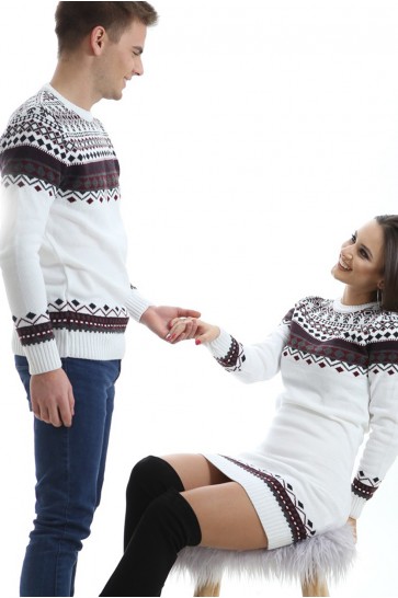 Desenli Beyaz Tesettür Kazak Sevgili Kombini 