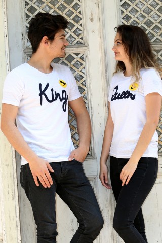King Queen Baskılı Beyaz Sevgili Tişörtleri
