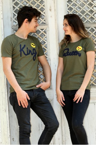 King Queen Baskılı Haki Sevgili Tişörtleri