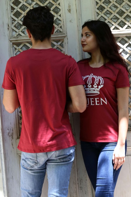 King Quenn Baskılı Bordo Tişört Sevgili Kombin 