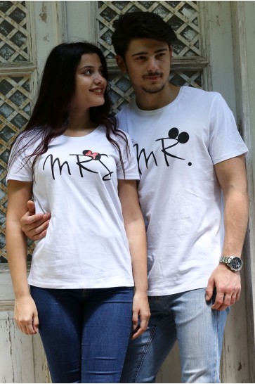 Mr Mrs Yazılı Beyaz Sevgili Tişörtleri