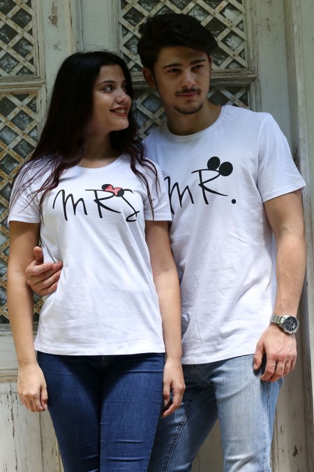 Mr Mrs Yazılı Beyaz Sevgili Tişörtleri