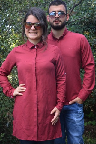 Düz Bordo Tunik Ve Gömlek Sevgili Kombini