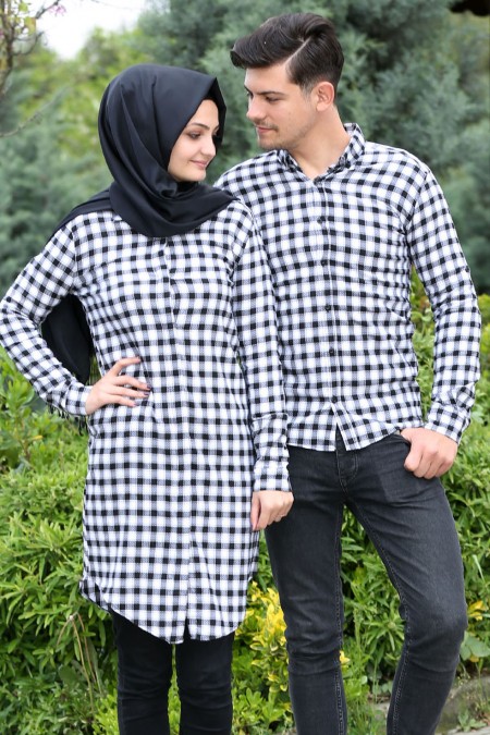 Küçük Kareli Likralı Siyah Beyaz Tunik Ve Gömlek Sevgili Kombini