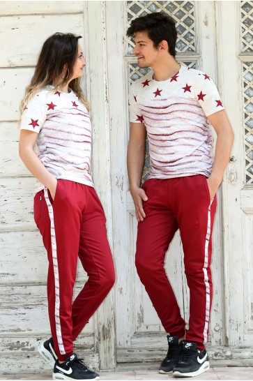 Bordo Beyaz Eşofman Ve Tişört Takımı Sevgili Kombini