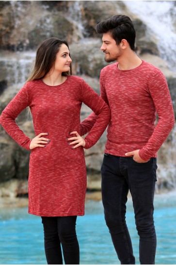 Kırçıllı Desen Kırmızı Tunik Ve Triko Sevgili Kombini