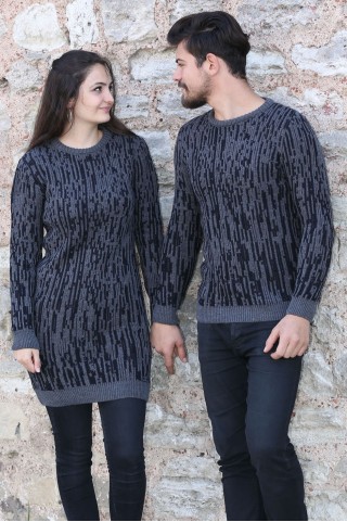 Çizgi Desenli Füme Tesettür Kazak Sevgili Kombini