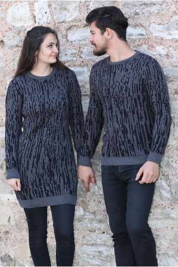 Çizgi Desenli Füme Tesettür Kazak Sevgili Kombini