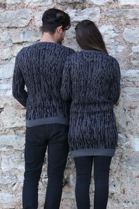 Çizgi Desenli Füme Tesettür Kazak Sevgili Kombini