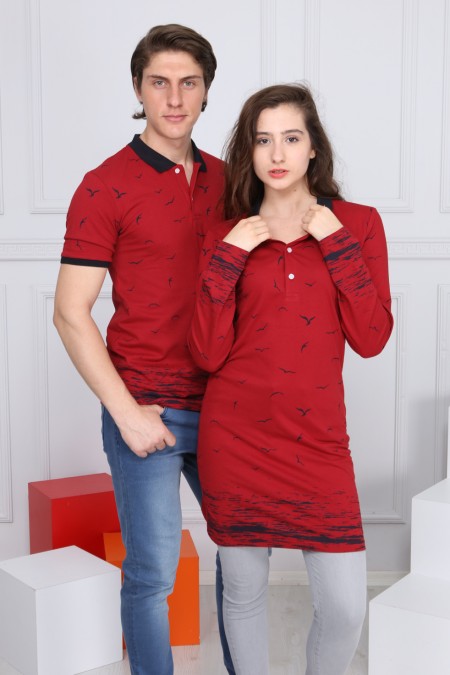 Martı Desen Bordo Tunik Ve Tişört Sevgili Kombini